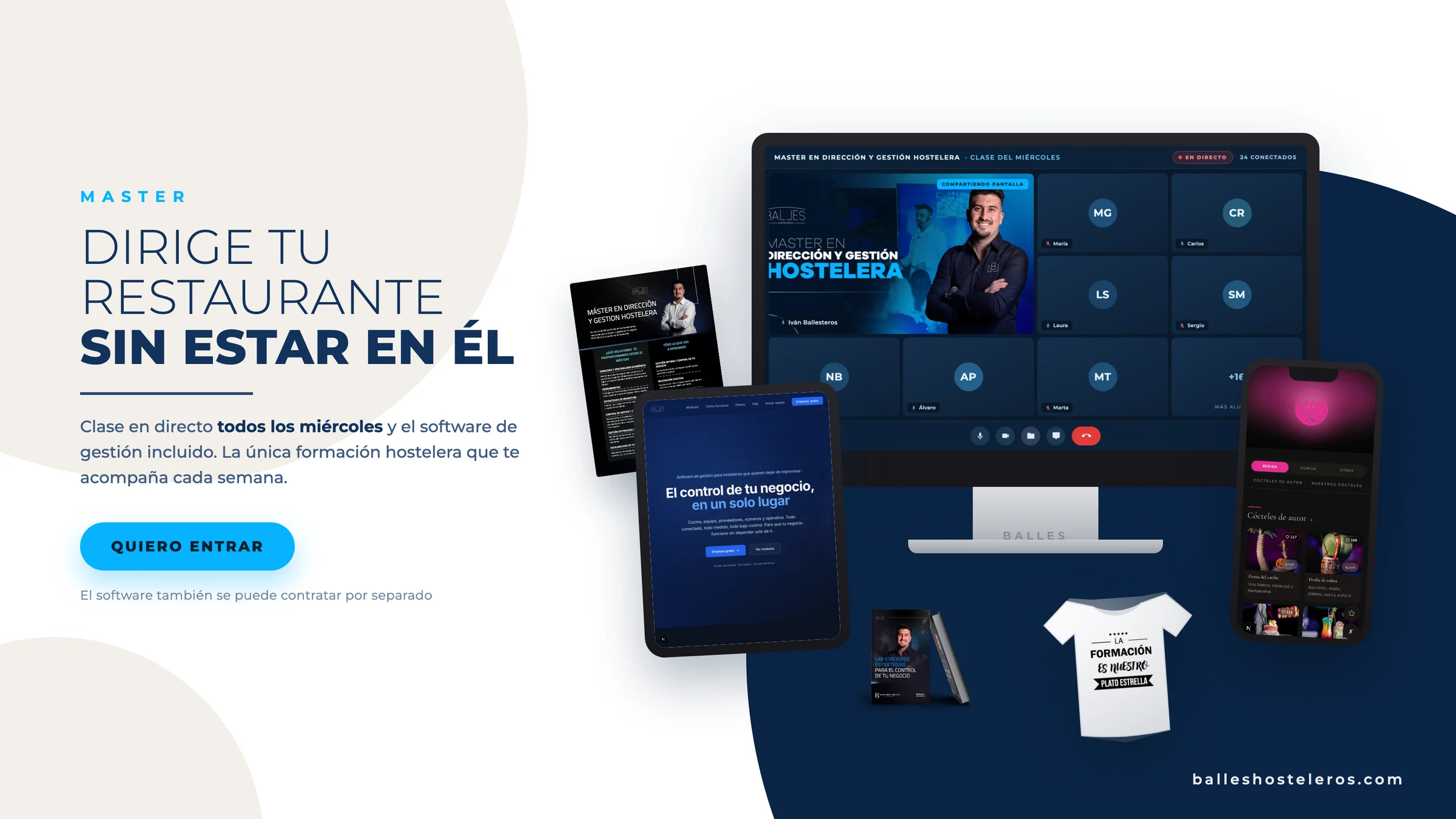 La clase en directo de los miercoles, con el software de gestion en el ordenador, la tablet y el movil